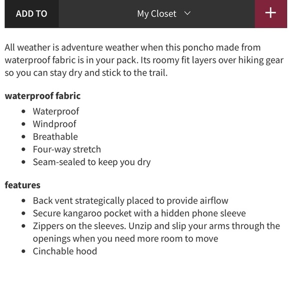 Lululemon Waterproof Hiking Poncho Size 2 (Oversized) NWOT - Picture 6 of 6